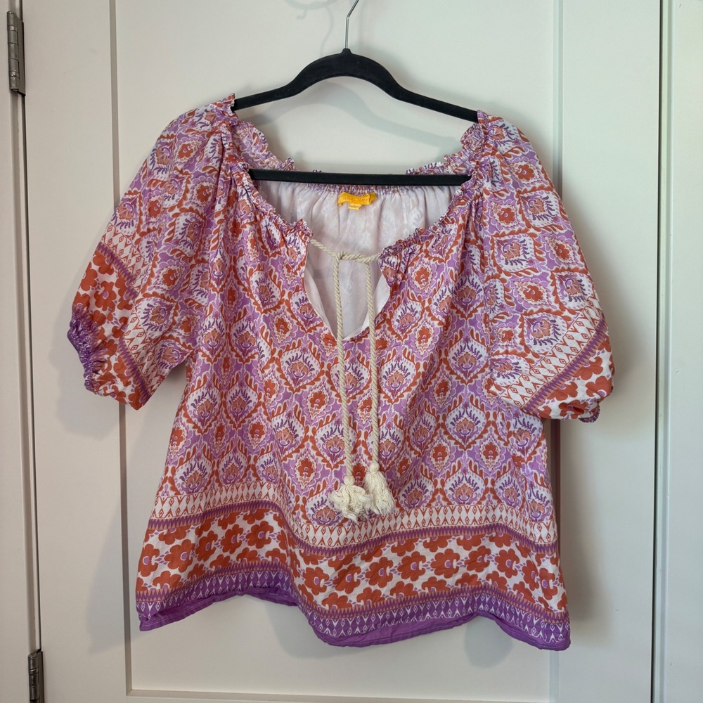 Flying Tomato Womens Purple Orange Paisley Floral Boho Peasant Blouse‎ Large L